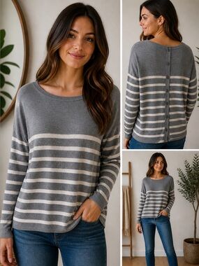 ALFRED SUNG Gray and White Striped Long-Sleeve Knit Top